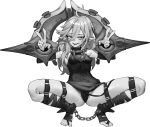  1girl absurdres bdsm belt bondage bound breasts briar_(league_of_legends) chen_zi double_v full_body greyscale hair_between_eyes highres league_of_legends long_hair looking_at_viewer monochrome pointy_ears sharp_teeth sidelocks simple_background small_breasts smile solo squatting teeth toeless_footwear toenails toes v vampire wrist_cuffs 