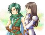  1boy 1girl armor artist_request astrid_(fire_emblem) belt black_hair blush brown_eyes couple embarrassed fingerless_gloves fire_emblem fire_emblem:_path_of_radiance gloves green_hair hand_on_own_hip hetero hip_focus long_hair non-web_source open_mouth scarf short_hair sothe_(fire_emblem) source_request sweat yellow_eyes 