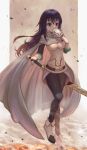  1girl black_hair blue_eyes boots border breasts cape commentary gloves hair_between_eyes highres holding holding_mask izawa_shizue leggings long_hair mask medium_breasts outside_border solo standing standing_on_one_leg sword sword_on_back tensei_shitara_slime_datta_ken tunguu weapon weapon_on_back white_border white_cape white_footwear white_gloves wide-eyed 