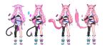  1girl absurdres ai.mi_(omega_strikers) animal_ears black_shirt blue_eyes boots cat_ears cat_tail collared_shirt concept_art earbuds earphones gloves hair_between_eyes heterochromia highres liyart looking_at_viewer official_art omega_strikers pink_hair shirt simple_background single_leg_pantyhose skirt solo tail white_background yellow_eyes 