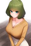  1girl blush bob_cut breasts cleavage collarbone commentary_request green_hair highres idolmaster idolmaster_cinderella_girls large_breasts looking_at_viewer mole mole_under_eye senju_(snz0) skirt smile solo sweater sweater_tucked_in takagaki_kaede v-neck white_skirt wooden_floor yellow_sweater 