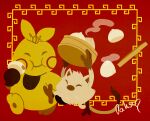  2others bamboo_steamer baozi closed_eyes creature dumpling eating food highres holding holding_food makuhita mankey multiple_others no_humans no_nose nostrils pahsmina pokemon pokemon_(creature) red_background signature steam 