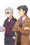  2boys belt black_hair black_jacket brown_coat brown_vest clenched_teeth coat collared_shirt crossed_arms cup grey_hair hand_in_pocket holding holding_cup jacket long_sleeves looker_(pokemon) male_focus mug multiple_boys nanu_(pokemon) necktie nyoripoke open_clothes open_coat open_jacket open_mouth pants pokemon pokemon_(game) pokemon_sm purple_necktie red_eyes red_shirt shirt short_hair short_sleeves speech_bubble teeth twitter_username vest white_background white_shirt 