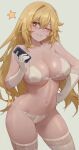  1girl absurdres bangs bare_shoulders bikini blonde_hair blush breasts cleavage collarbone contrapposto controller elbow_gloves free_style_(yohan1754) gloves hand_on_hip hand_up highres holding holding_remote_control large_breasts long_hair looking_at_viewer navel one_eye_closed remote_control shokuhou_misaki smile solo sparkling_eyes spider_web_print star_(symbol) swimsuit thighhighs thighs toaru_kagaku_no_mental_out toaru_kagaku_no_railgun toaru_majutsu_no_index very_long_hair white_bikini white_gloves white_thighhighs yellow_eyes 
