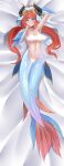  1girl aqua_eyes arm_behind_head arm_fins artist_name bed_sheet breasts circlet collarbone dakimakura_(medium) fake_horns full_body genshin_impact horns light_censor long_hair lying medium_breasts mermaid monster_girl monsterification navel nilou_(genshin_impact) nude on_back orange_hair sideboob solo twintails veil zerorespect_bot 