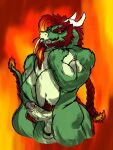  anthro ballistickoko balls beard belly big_butt body_hair braided_hair braided_ponytail breasts butt dragon eastern_dragon erection facial_hair fire flaming_hair genitals green_body green_scales hair hairy_balls hi_res horn male muscular muscular_anthro muscular_arms muscular_male penis ponytail pseudo_hair pubes rex(dragon)_(ballistickoko) scales sideburns solo tail thick_arms thick_penis thick_thighs vein veiny_penis wide_hips 