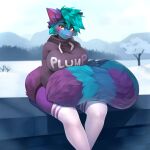  1:1 2022 ailurid anthro big_breasts biped blue_hair breasts clothed clothing english_text female fluffy fluffy_tail footwear fully_clothed hair hi_res hoodie inner_ear_fluff legwear mammal outside plum_the_red_panda purple_inner_ear_fluff red_panda sitting smile socks solo tail talilly text text_on_clothing text_on_hoodie text_on_topwear thigh_highs thigh_socks topwear tuft yellow_eyes 