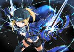  1girl absurdres artoria_pendragon_(fate) black_background black_headwear black_shorts black_thighhighs blonde_hair blue_eyes blue_jacket blue_ribbon breasts cleavage closed_mouth commentary_request cowboy_shot dual_wielding fate/grand_order fate_(series) fighting_stance floating_clothes floating_hair from_above glowing glowing_sword glowing_weapon hat highres holding holding_sword holding_weapon jacket light_smile looking_afar medium_breasts multicolored_hair mysterious_heroine_x_(fate) navel open_clothes open_jacket peaked_cap ponytail ribbon shorts simple_background solo standing sword thighhighs weapon yanagi_marie 
