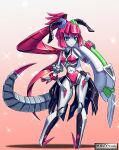  1girl absurdly_long_hair absurdres assassin_silver blue_eyes colored_skin dragon_girl dragon_horns dragon_tail elizabeth_bathory_(fate) fate/grand_order fate_(series) highres horns innertube joints long_hair looking_at_viewer mecha_eli-chan_(fate) mechanical_hair mechanical_horns mechanical_tail no_feet pointy_ears ponytail red_hair robot_girl robot_joints solo standing swimsuit tail very_long_hair white_skin 