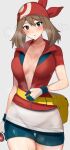  :o ass_visible_through_thighs bike_shorts blush breasts breasts_apart brown_hair collarbone gloves head_scarf highres holding holding_poke_ball jacket large_breasts looking_at_viewer may_(pokemon) mobu partially_unzipped poke_ball poke_ball_(basic) pokemon pokemon_(game) pokemon_rse red_jacket red_scarf scarf steam sweatdrop thigh_gap unzipping 