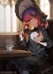  1girl alternate_costume black_dress black_headwear cake cake_slice coffee cup dress food fork hat highres holding holding_fork kantai_collection long_hair long_sleeves mole mole_under_eye open_mouth purple_hair sitting solo tsushima_(kancolle) twitter_username unidentified_nk yellow_eyes 
