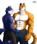  abs absurd_res alkan anthro belt belt_buckle big_pecs blue_body blue_fur bottomwear canid canine clothed clothing duo felid frosted_flakes fur hi_res kellogg&#039;s male male/male mammal mascot multicolored_body multicolored_fur muscular muscular_male navel nipples open_mouth orange_body orange_fur pantherine pants pants_only pecs suit_pants tiger tony_the_tiger topless topless_anthro topless_male two_tone_body two_tone_fur white_body white_fur yellow_eyes 