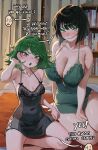  1boy 2girls absurdres bald black_hair black_sclera blush breasts colored_sclera covered_navel curly_hair fubuki_(one-punch_man) genos green_eyes green_hair highres large_breasts lingerie looking_at_viewer multiple_girls nia_(nia4294) one-punch_man petite saitama_(one-punch_man) short_hair siblings sisters small_breasts tatsumaki thighs underwear yellow_eyes 