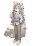  1girl :o ahoge animal_ears blue_eyes blue_vest body_fur brown_fur brown_hair brown_pants bubble_tea collared_shirt commission cup disposable_cup dog_ears dog_girl dog_tail drinking_straw fewer_digits flower full_body furry furry_female gomafuto hair_flower hair_ornament hand_in_pocket highres holding holding_cup jewelry long_hair looking_at_viewer necklace open_mouth orange_footwear original pants pixiv_commission shirt shoes simple_background sneakers solo standing tail tail_flower tail_ornament vest wavy_hair white_background white_shirt 