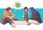  1girl 3boys ahoge aqua_background axel_(kingdom_hearts) black_hair black_pants black_shirt blonde_hair blue_eyes blue_hair border child garden gardening grabbing_another&#039;s_hair green_eyes grey_overalls hair_slicked_back holding holding_watering_can ice_cream_bar kingdom_hearts kingdom_hearts_ii long_hair long_sleeves mukashino multiple_boys no_shoes open_mouth orange_sweater overalls pants pink_shirt red_hair roxas saix scar scar_on_face scar_on_forehead shirt short_hair sideburns sidelocks sitting sleeves_past_wrists smile socks sparkle spiked_hair sweater watering_can white_border white_pants white_shirt white_socks xion_(kingdom_hearts) 