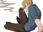  1boy black_footwear black_pants blonde_hair blue_eyes blue_shirt chimaaa333 cigarette facial_hair hair_over_one_eye half-closed_eye highres holding holding_cigarette looking_at_viewer male_focus no_pupils on_floor one_piece open_mouth pants sanji_(one_piece) shirt short_hair sitting sleeves_rolled_up smile smoke white_background 