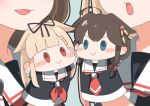  2girls black_hair black_serafuku blonde_hair blush_stickers braid commentary_request hair_flaps hand_puppet head_out_of_frame highres kantai_collection long_hair meta multiple_girls neckerchief no_chi_(aka_hara) object_focus puppet red_neckerchief sailor_collar school_uniform serafuku shigure_(kancolle) shigure_kai_ni_(kancolle) single_braid white_sailor_collar yuudachi_(kancolle) yuudachi_kai_ni_(kancolle) 