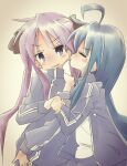  2girls biting blue_hair blush brown_ribbon closed_eyes ear_biting highres hiiragi_kagami izumi_konata lucky_star mole mole_under_eye multiple_girls nirata_masoba open_mouth purple_eyes purple_hair ribbon simple_background yuri 