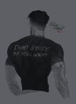  1boy arm_hair back back_focus bara call_of_duty call_of_duty:_modern_warfare_2 clothes_writing cropped_torso english_text from_behind highres language_request male_focus mature_male muscular muscular_male neick_hitlz shirt short_hair solo t-shirt victor_1-1_(modern_warfare_2) 