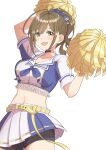  1girl absurdres ahoge arm_up belt bike_shorts blue_ribbon blush breasts brown_eyes brown_hair cheerleader choker cleavage collarbone cropped_jacket eito12 hair_ribbon highres holding holding_pom_poms idolmaster idolmaster_shiny_colors kuwayama_chiyuki large_breasts long_hair looking_at_viewer midriff navel open_mouth pleated_skirt pom_pom_(cheerleading) ponytail ribbon short_sleeves simple_background skirt smile solo white_background yellow_belt 