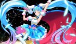  1girl ;) absurdres ahoge arm_up blue_cape blue_dress blue_eyes blue_hair brooch cape commentary_request cure_sky cut_bangs detached_sleeves dress earrings fingerless_gloves frilled_dress frills gloves gradient_hair highres hirogaru_sky!_precure hiroshi_(hunter-of-kct) holding jewelry jumping leg_up light_particles long_hair looking_at_viewer magical_girl medium_dress multicolored_hair one_eye_closed partial_commentary pink_hair precure puffy_detached_sleeves puffy_sleeves red_cape sky_mirage sleeveless sleeveless_dress smile solo sora_harewataru streaked_hair thighhighs twintails two-sided_cape two-sided_fabric very_long_hair white_gloves white_thighhighs wing_hair_ornament 