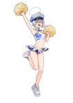  1girl absurdres alternate_costume arm_up armpits blue_archive blue_hair blue_panties breasts cheerleader chuo8008 cleavage eyes_in_shadow fang full_body halo hat highres holding holding_pom_poms light_blue_hair millennium_cheerleader_outfit_(blue_archive) miniskirt navel outstretched_arm panties peaked_cap pom_pom_(cheerleading) shoes simple_background skirt small_breasts smile sneakers solo standing standing_on_one_leg sweatdrop twintails underwear valkyrie_police_academy_student_(blue_archive) white_background 