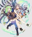  2girls absurdres artist_name bare_shoulders basket black_hair boots commission drill_hair feather_hair_ornament feathers fire_emblem fire_emblem:_three_houses fire_emblem_engage fire_emblem_heroes fish fishing_rod flayn_(fire_emblem) full_body green_eyes green_hair grey_hair hair_ornament highres holding holding_basket long_hair long_sleeves looking_at_viewer multicolored_hair multiple_girls open_mouth petite pixiv_commission purple_eyes shorts silvercandy_gum simple_background smile thigh_strap thighhighs two-tone_hair very_long_hair veyle_(fire_emblem) 