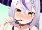  1girl ao_miya blush braid choker food food_in_mouth grey_hair highres holding holding_food holding_pocky hololive horns la+_darknesss looking_at_viewer multicolored_hair pocky pocky_day pocky_in_mouth pointy_ears purple_eyes red_choker ribbon_choker single_braid smile solo streaked_hair virtual_youtuber yellow_eyes 