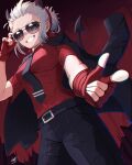  1girl absurdres belt black_belt black_jacket black_necktie black_pants gloves grey_eyes helltaker highres jacket jacket_on_shoulders justice_(helltaker) looking_at_viewer necktie pants pointing red_gloves red_shirt shirt smile sunglasses white_hair zat_artwork 