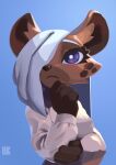  2023 absurd_res anthro blue_background female fur hair hair_over_eye hi_res hyena jk_(kemokin_mania) kemokin_mania mammal one_eye_obstructed simple_background solo spots spotted_body spotted_fur spotted_hyena white_hair 