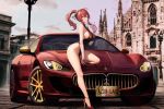  1girl :o absurdres ahoge alternate_costume architecture azur_lane bare_legs bracelet breasts building car cathedral character_name copyright_name full_body gothic_architecture hair_ornament high_heels highleg highleg_swimsuit highres italy jewelry kcar66t large_breasts license_plate long_hair maserati maserati_granturismo milan milan_cathedral motor_vehicle on_vehicle one-piece_swimsuit orange_eyes outdoors product_placement race_queen real_world_location red_hair red_nails sardegna_empire_(emblem) side_ponytail sideboob sky solo sports_car swimsuit thighs vehicle_focus zara_(azur_lane) 