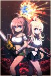  2girls ahoge bandaged_arm bandages bare_legs bare_shoulders breasts chainsaw closed_mouth earth_(planet) explosion green_shorts gun highres holding holding_chainsaw holding_gun holding_weapon hwaryeok large_breasts long_hair medium_hair mother_and_daughter multiple_girls novelpia pale_skin pixel_art planet red_hair shirt shorts sidelocks sideways_glance smile star_(sky) string_tie tagme weapon white_shirt 