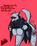  anthro bent_over big_breasts breasts canid canine canis clothed clothing crossgender death_(puss_in_boots) dialogue female fur hanging_breasts hi_res hooded_cloak mammal mr.whitebear mrwhitebear mtf_crossgender nipples partially_clothed red_eyes sickle simple_background solo white_body white_fur wolf 
