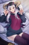  1girl artist_name bed brown_eyes claw_pose doiparuni dragon_horns fake_horns fire_emblem fire_emblem_awakening grima_(fire_emblem) highres hood hood_up hoodie horns jacket long_hair looking_at_viewer lying on_back on_bed open_mouth robin_(female)_(fire_emblem) robin_(fire_emblem) solo thighhighs white_hair zettai_ryouiki 