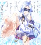  1girl ahoge arm_belt bare_legs bare_shoulders barefoot belt black_belt blindfold blue_hair chain collar commentary_request detached_sleeves dress dripping facing_viewer feet foot_focus foot_out_of_frame foot_up hair_ornament highres huge_ahoge ice icicle kyuutou_(kyuutouryuu) light_blue_hair lock long_hair metal_collar original parted_lips simple_background sleeves_past_fingers sleeves_past_wrists smile snowflake_hair_ornament soles solo steam toenails toes translated very_long_hair white_background white_dress 