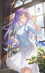  1girl absurdres blue_shirt breasts bug butterfly chinese_clothes collared_shirt crazy_ones glasses highres holding holding_notebook leaning_forward long_hair long_sleeves medium_breasts notebook official_art open_mouth pleated_skirt purple_hair qianye_zhizi shirt skirt solo standing sunlight white_skirt window 
