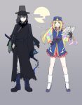  1boy 1girl alternate_costume artoria_caster_(fate) artoria_pendragon_(fate) bead_necklace beads black_capelet black_hair black_headwear black_robe blonde_hair blue_eyes blue_headwear boots breasts capelet fate/grand_order fate_(series) folding_fan full_body fur_collar green_eyes grey_pants hand_fan hat highres house_tag_denim jewelry kneehighs long_hair long_sleeves looking_at_viewer multicolored_sleeves necklace oberon_(fate) oberon_(third_ascension)_(fate) pants robe short_hair small_breasts smile socks sword tassel top_hat twintails weapon 