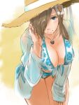  1girl bent_over bikini blue_eyes breasts brown_hair cleavage closed_mouth collarbone commentary_request cowboy_shot floral_print flower front-tie_bikini_top front-tie_top hair_flower hair_ornament hair_over_one_eye halterneck hand_up hat jewelry large_breasts light_blush long_hair long_sleeves looking_at_viewer miya_(savacatora) necklace print_bikini see-through see-through_shirt shirt side-tie_bikini_bottom solo straw_hat swept_bangs swimsuit tales_of_(series) tales_of_asteria tales_of_the_abyss tear_grants 