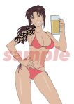 1girl ass_visible_through_thighs beer_mug bikini black_lagoon breasts brown_eyes brown_hair commentary cup gloves grin hand_on_own_hip hiroe_rei holding holding_cup long_hair looking_at_viewer medium_breasts mug navel official_art pink_bikini ponytail revy_(black_lagoon) sample_watermark shiny_skin shoulder_tattoo smile solo swimsuit tattoo 