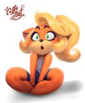  2023 activision anthro black_nose blonde_hair clothing coco_bandicoot coffekitten crash_bandicoot_(series) crossed_legs female fur green_eyes hair hi_res mammal marsupial mulitcolored_body multicolored_body multicolored_face multicolored_skin open_mouth orange_body orange_fur shadow signature sitting solo tan_body tan_skin wide_eyed 