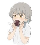  1girl =3 alternate_costume asasow blush brown_eyes collared_shirt commentary_request cropped_torso eating food food_request furrowed_brow grey_hair hands_up hatoba_tsugu holding holding_food mole mole_under_eye shirt short_sleeves simple_background solo tsugu_(vtuber) v-shaped_eyebrows virtual_youtuber white_background white_shirt 