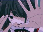  1girl against_fourth_wall ame-chan_(needy_girl_overdose) black_eyes black_hair black_ribbon close-up eyes_visible_through_hair hair_ornament hair_over_one_eye in_in2085 jirai_kei looking_at_viewer medium_hair neck_ribbon needy_girl_overdose open_mouth red_shirt ribbon scanlines shirt solo twintails x_hair_ornament 