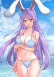  1girl absurdres animal_ears arm_under_breasts ass_visible_through_thighs bare_shoulders blush breasts cowboy_shot diving_penguin hair_between_eyes highres large_breasts long_hair navel open_mouth outdoors pink_eyes purple_hair rabbit_ears reisen_udongein_inaba sky solo swimsuit thigh_gap touhou very_long_hair 
