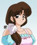  0tacat 1980s_(style) 1girl absurdres apron black_eyes breasts brown_hair collarbone commentary english_commentary hair_over_shoulder highres long_hair medium_breasts off-shoulder_shirt off_shoulder official_style pink_apron portrait ranma_1/2 retro_artstyle shirt signature smile solo tendou_kasumi 
