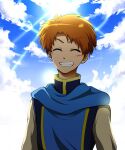  1boy brown_hair clenched_teeth closed_eyes cloud gensou_suikoden gensou_suikoden_i highres male_focus pesca short_hair smile solo ted_(suikoden) teeth 