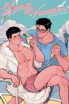  2boys abs absurdres bara batman_(series) black_hair blue_shirt bruce_wayne clark_kent closed_mouth cloud crossed_legs cup dc_comics fur-trimmed_jacket fur_trim glasses highres holding holding_cup jacket large_pectorals male_focus male_underwear multiple_boys muscular muscular_male nipples one_eye_closed open_clothes open_shirt outdoors pectorals pink_male_underwear shirt short_hair sitting sky slade_(teen_titans) smile superman_(series) underwear white_jacket xxsanwenyu yaoi 