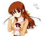  1girl boker_iruka bow bowtie brown_eyes brown_hair cardigan commentary_request dated floating_hair hair_ribbon half_updo hand_up highres long_hair looking_at_viewer nagamori_mizuka one_-_kagayaku_kisetsu_e ribbon sailor_collar simple_background smile solo upper_body white_background 