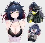  1girl absurdres animal_ears arknights armor bikini black_bikini blue_hair blush bocchi_the_rock! breasts cat_ears cat_girl cleavage commentary cropped_torso drooling gas_mask gradient_hair green_eyes grey_background harusame_mgmg3 highres jessica_(arknights) jessica_(ash)_(arknights) jessica_(iron_block)_(arknights) large_breasts looking_at_viewer mask multicolored_hair ponytail pout red_hair short_ponytail simple_background solo swimsuit 