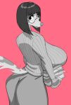 anthro bangs big_breasts big_butt bob_cut book bottomwear breasts butt canid canine canis clothed clothing crackiepipe domestic_dog eyewear female fully_clothed glasses greyscale hi_res huge_breasts hyper hyper_breasts looking_back mammal monochrome rear_view skirt solo 