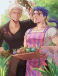  2boys apron archer_(fate) arm_up black_shirt blurry blurry_foreground branch closed_mouth collarbone cu_chulainn_(fate) earrings english_commentary fate/grand_order fate_(series) flower gloves grass gravesecrets green_gloves grey_eyes hair_flower hair_ornament hand_on_own_hip highres holding holding_tray jewelry long_hair looking_at_another male_focus mature_male multiple_boys muscular muscular_male one_eye_closed outdoors pectoral_cleavage pectorals pink_flower plant ponytail potted_plant red_eyes shirt striped striped_apron t-shirt tan teeth tray upper_teeth_only white_hair white_shirt 